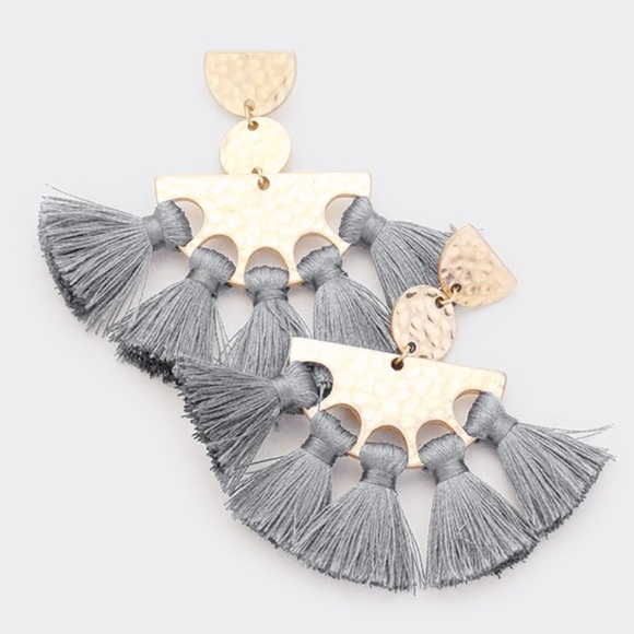 Gray And Goldtone Fan Tassel Metal Post Earrings - Picture 2 of 3